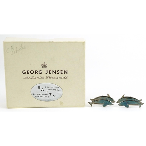 2037 - Arno Malinowski for Georg Jensen, pair of mid century Danish 925S silver dolphin cufflinks with box,... 