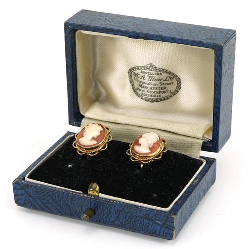 2260 - Pair of 9ct gold mounted cameo shell screw back earrings carved with maiden heads housed in a W A Mu... 