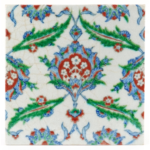 146 - Turkish Ottoman Iznik tile hand painted with stylised flowers, 25cm x 24.5cm