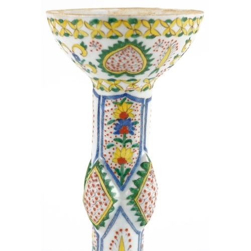 52 - Turkish Ottoman Kutahya candle holder hand painted with stylised flowers, 29cm high