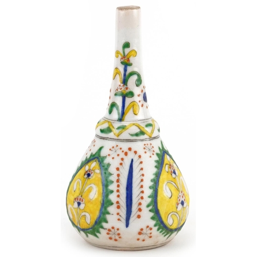 147 - Turkish Ottoman Kutahya rosewater sprinkler hand painted with stylised flowers, 14cm high