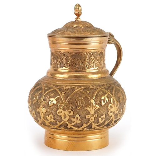 Turkish Ottoman Tombak lidded water jug with animalia handle decorated in relief with stylised flowers, 18cm high