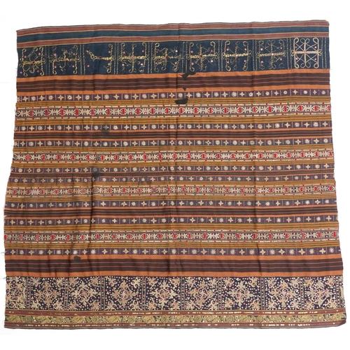 382 - Islamic gold braided textile embroidered with flowers and a robe, the robe 115cm high