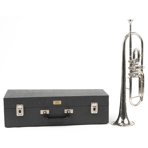 1203 - Vintage silver plated trumpet housed in a velvet lined fitted case with Russian label, 52.5cm in len... 