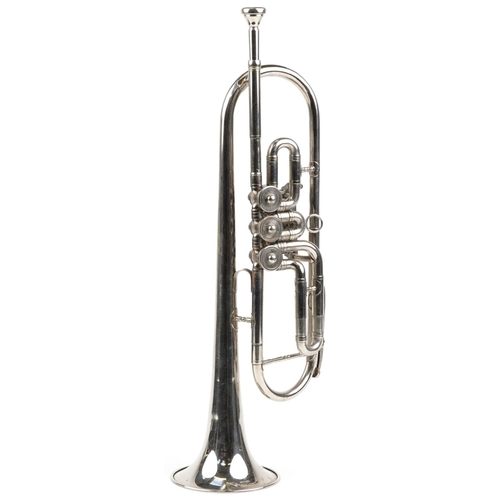 1203 - Vintage silver plated trumpet housed in a velvet lined fitted case with Russian label, 52.5cm in len... 