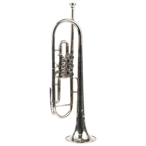 1203 - Vintage silver plated trumpet housed in a velvet lined fitted case with Russian label, 52.5cm in len... 