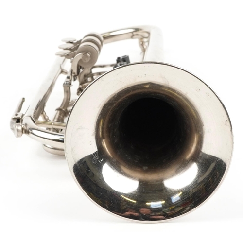 1203 - Vintage silver plated trumpet housed in a velvet lined fitted case with Russian label, 52.5cm in len... 