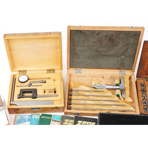 1528 - Vintage and later precision tools and charts including tap & die sets, micrometers and depth gauges