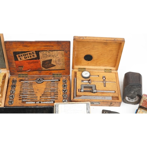 1528 - Vintage and later precision tools and charts including tap & die sets, micrometers and depth gauges