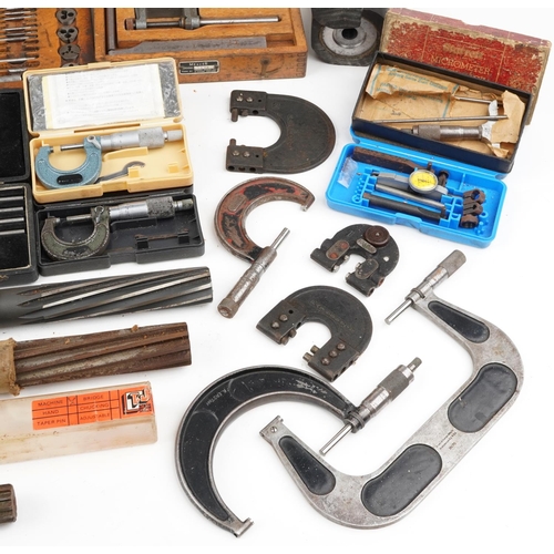 1528 - Vintage and later precision tools and charts including tap & die sets, micrometers and depth gauges