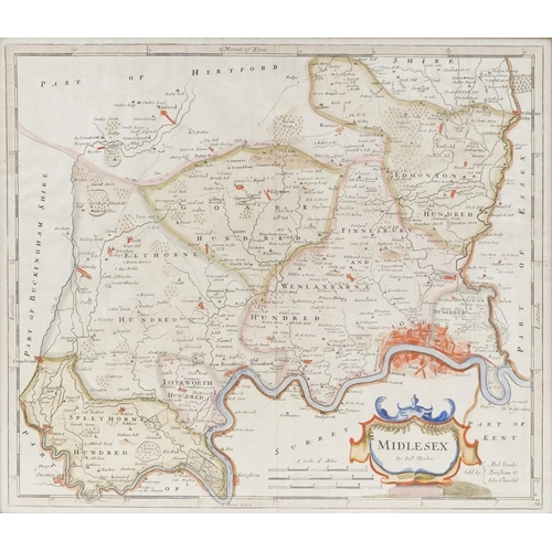  18th century hand coloured map of Middlesex by Robert Morden, framed and glazed, 43cm x 37.5cm exclu... 