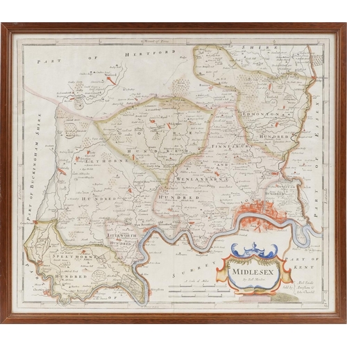 1720 - 18th century hand coloured map of Middlesex by Robert Morden, framed and glazed, 43cm x 37.5cm exclu... 