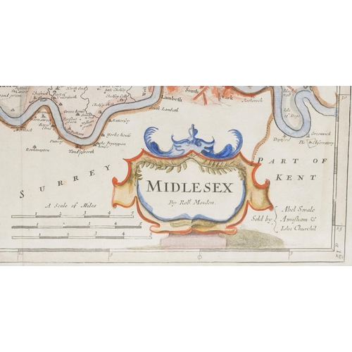  18th century hand coloured map of Middlesex by Robert Morden, framed and glazed, 43cm x 37.5cm exclu... 