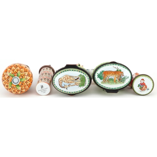 1163 - Five Staffordshire enamel trinket boxes and bonbonnieres and a Limoges porcelain example in the form... 