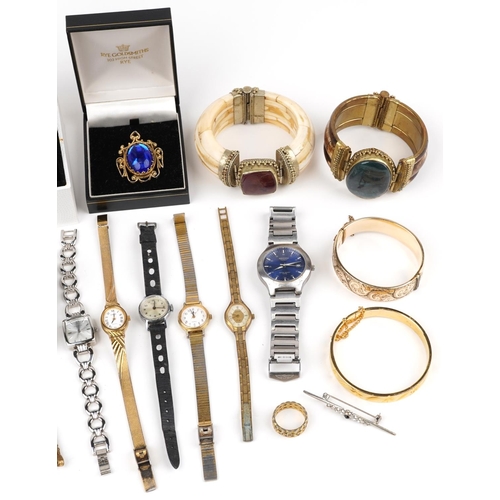 2772 - Costume jewellery and wristwatches including 9ct gold metal core hinged bangle, Swarovski Crystal ba... 