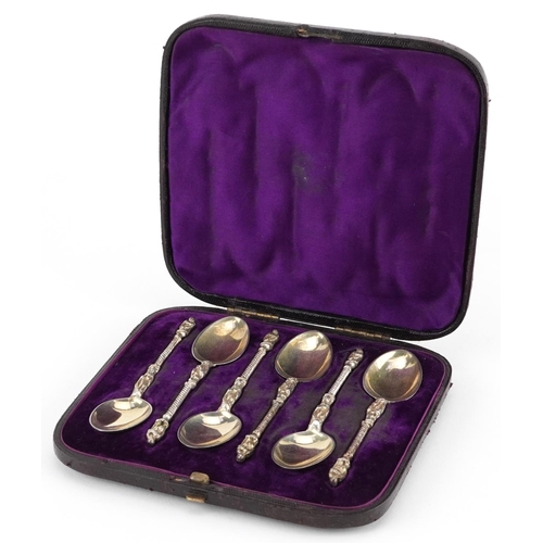 171 - Set of six Victorian silver apostle spoons housed in a velvet and silk lined fitted case, indistinct... 