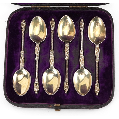 171 - Set of six Victorian silver apostle spoons housed in a velvet and silk lined fitted case, indistinct... 