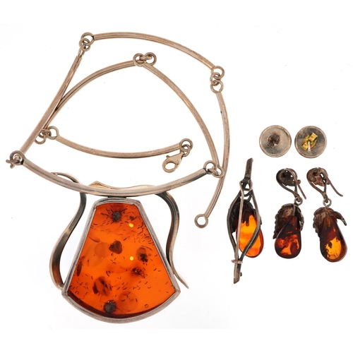 2748 - Silver and natural amber jewellery including a large necklace, naturalistic brooch and earrings, tot... 