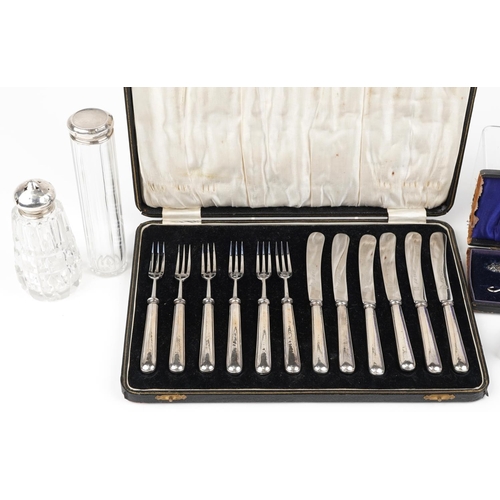 1477 - Antique and later silver and white metal sundry items including set of six silver handled knives and... 