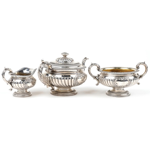 60 - Alexander Edmonstoun III, George IV Scottish silver demi fluted three piece tea service embossed wit... 