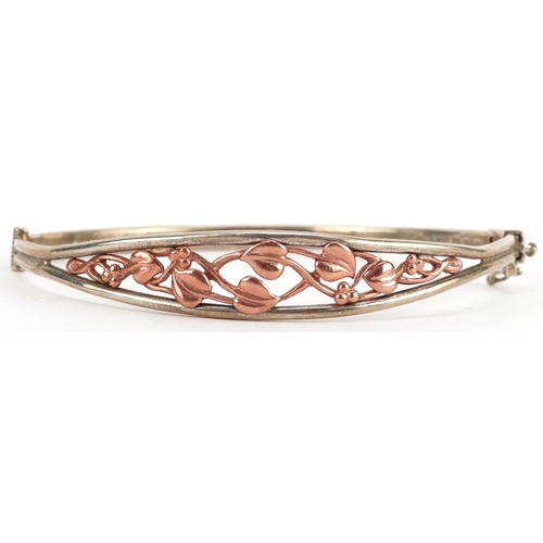 2756 - Clogau, Welsh silver and gold Tree of Life hinged bangle with box, 6.5cm wide, 11.6g