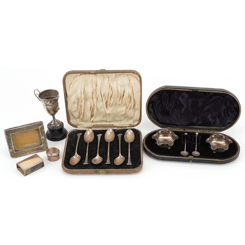 301 - Victorian and later silver including a pair of Victorian silver open salts with spoons housed in a f... 