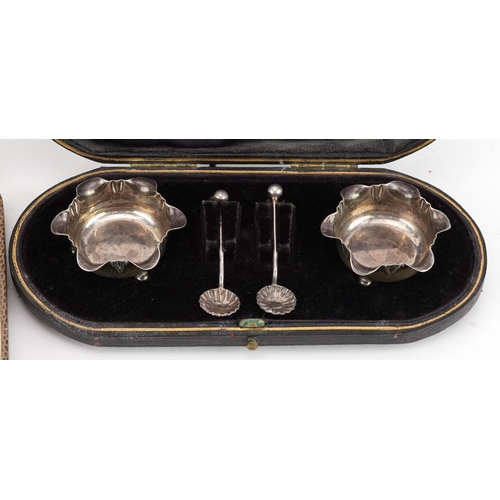 301 - Victorian and later silver including a pair of Victorian silver open salts with spoons housed in a f... 