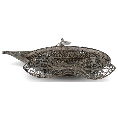 329 - Maltese unmarked silver filigree model of a sailing boat, 13cm high, 54.5g