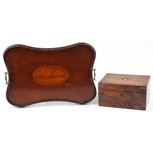 386 - Victorian campaign style brass bound writing slope with tooled leather insert and an Edwardian mahog... 