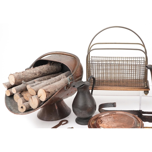 1529 - 19th century and later metalware including brass coal bucket, scuttle, pewter jug and hanging lanter... 