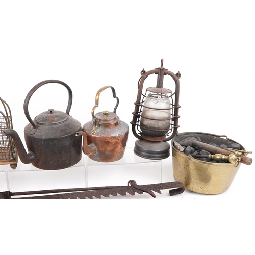 1529 - 19th century and later metalware including brass coal bucket, scuttle, pewter jug and hanging lanter... 