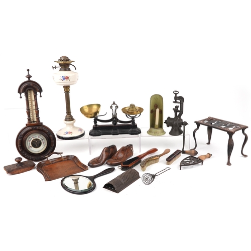 1514 - 19th century and later sundry items including oil lamp, carved walnut wall barometer, set of W & T A... 