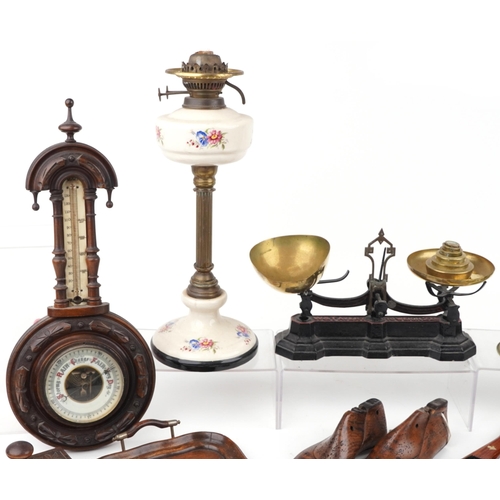 1514 - 19th century and later sundry items including oil lamp, carved walnut wall barometer, set of W & T A... 