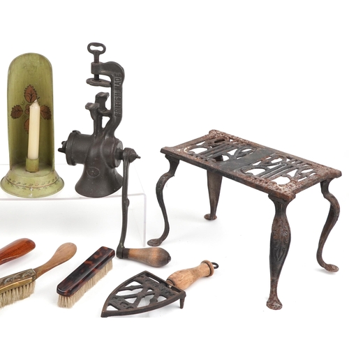 1514 - 19th century and later sundry items including oil lamp, carved walnut wall barometer, set of W & T A... 