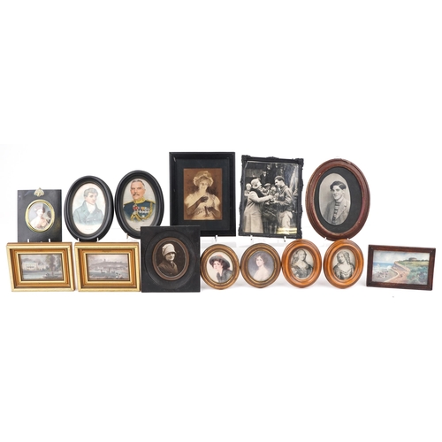 246 - Georgian and later portrait miniature and picture frames housing various pictures and prints includi... 