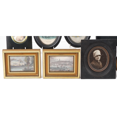 246 - Georgian and later portrait miniature and picture frames housing various pictures and prints includi... 