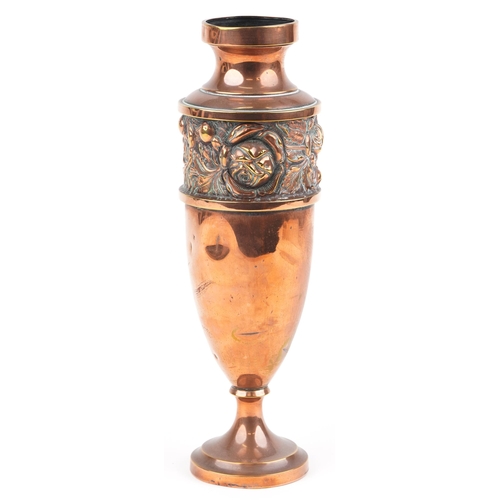 1304 - Art Nouveau coppered brass vase decorated in relief with a continuous band of stylised flowers, 36.5... 