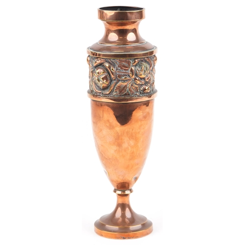 1304 - Art Nouveau coppered brass vase decorated in relief with a continuous band of stylised flowers, 36.5... 