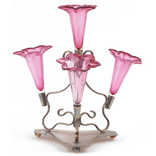 321 - Victorian silver plated four branch epergne with cranberry glass liners, 28.5cm high