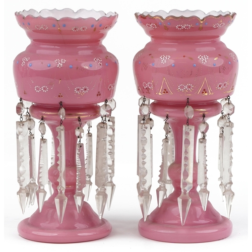 320 - Pair of Victorian pink opaline glass lustres with drops, each enamelled with flowers, each 31.5cm hi... 