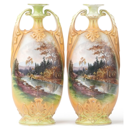 1447 - Pair of large Victorian porcelain vases with twin handles and a framed rectangular plaque hand paint... 