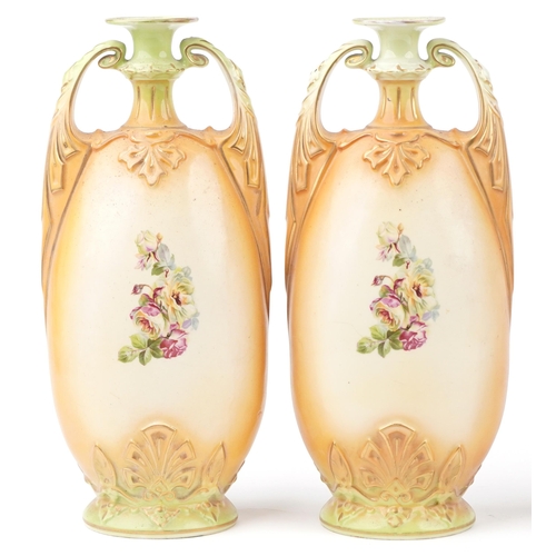 1447 - Pair of large Victorian porcelain vases with twin handles and a framed rectangular plaque hand paint... 