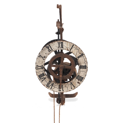 443 - Antique skeleton wall clock, 17cm excluding the weight