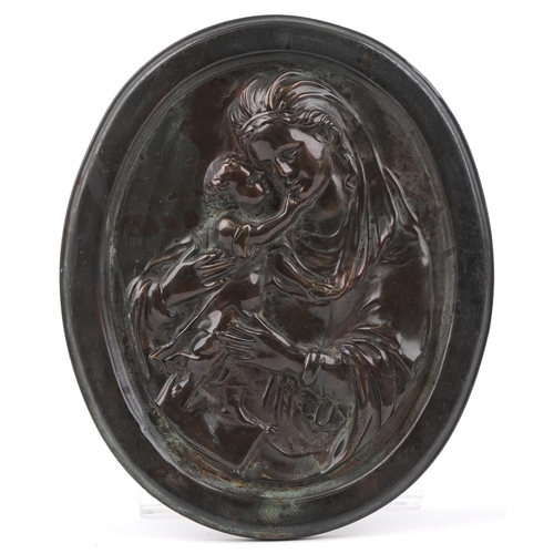 533 - 19th century style oval bronzed wall plaque of Madonna and child, 27cm x 22cm