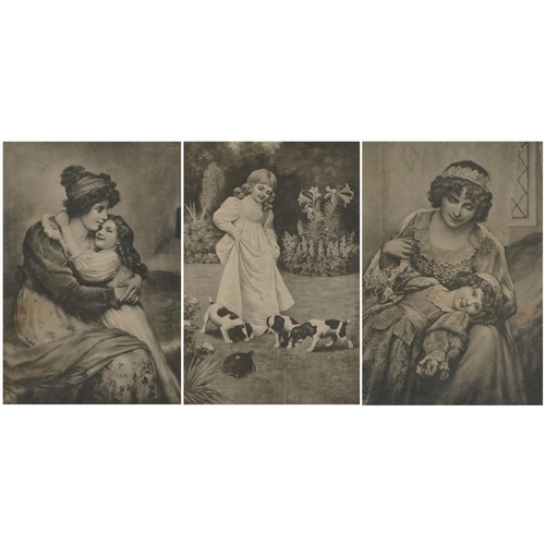 1296 - Arts & Crafts painted pine triple frame housing three Pre-Raphaelite style prints titled Whispers, F... 