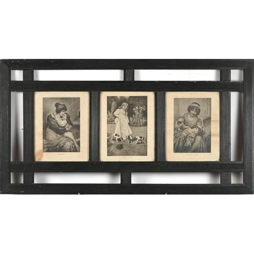 1296 - Arts & Crafts painted pine triple frame housing three Pre-Raphaelite style prints titled Whispers, F... 