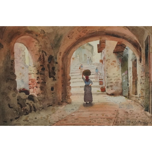 193 - Michele Allavena - Street scene, Italian school watercolour, mounted framed and glazed, 23.5cm x 15.... 