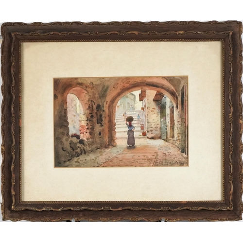 193 - Michele Allavena - Street scene, Italian school watercolour, mounted framed and glazed, 23.5cm x 15.... 