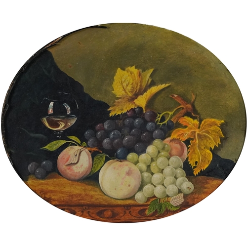 1053 - Still life fruit and vessels, oval oil on board, framed, 25.5cm x 21.5cm excluding the frame