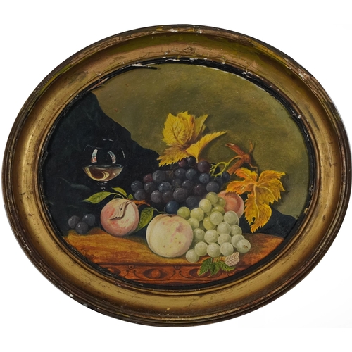 1053 - Still life fruit and vessels, oval oil on board, framed, 25.5cm x 21.5cm excluding the frame